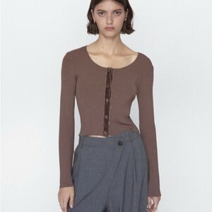 Zara NWOT Cropped Rib Knit with Velvet Trim Cardigan